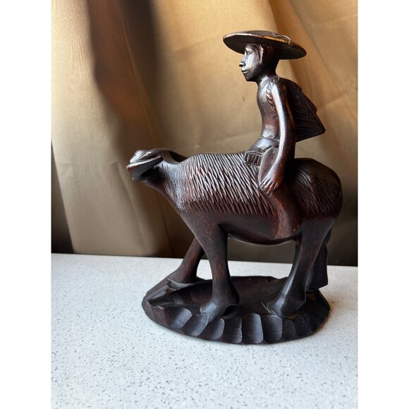 Hand-Carved Wooden Sculpture Of Man On Water Buffalo Vintage - Picture 11 of 15